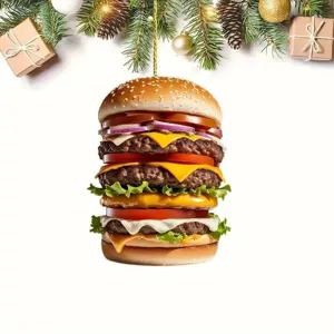 Detailansicht des mehrschichtigen Burger-Anhängers mit weihnachtlicher Dekoration oben.
