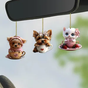 Acrilico Carino Tazza da Tè Cucciolo Gattino Portachiavi Specchietto Retrovisore Auto Pendente Ciondolo Borsa Regalo di San Valentino Accessorio