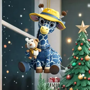 Cute denim giraffe car hanging ornament, plush animal pendant for backpack and rearview mirror.