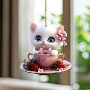 Simpatico Gatto Acrilico Ciondolo Auto Tazza Rosa Fragola Portachiavi Decorazione