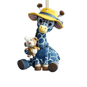Cute cartoon denim giraffe car hanging ornament, stylish resin animal rearview mirror pendant.