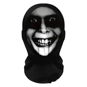Dettaglio in primo piano della maschera Halloween spaventosa, tessuto mesh nero stampato.