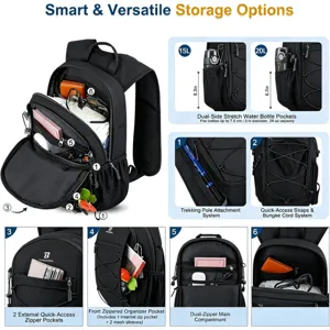 Zaino da trekking nero multifunzionale con scomparti multipli, tasche laterali e cinghie.
