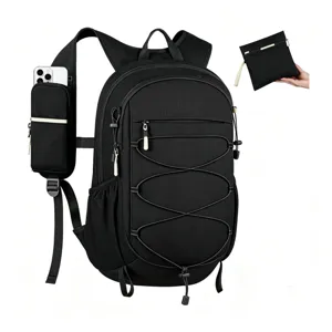 Zaino da trekking pieghevole nero con cordino elastico, tasca per smartphone e custodia.