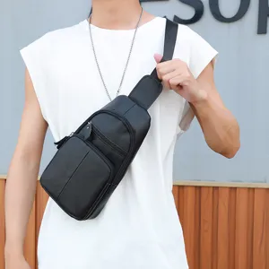 Men genuine leather chest bag vintage casual sling bag crossbody shoulder bag for daily travel.
