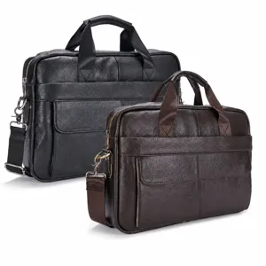 Detail view of genuine leather business briefcase, showcasing fine texture and hardware details.