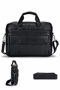 Genuine leather mens briefcase business laptop shoulder bag casual messenger bag black