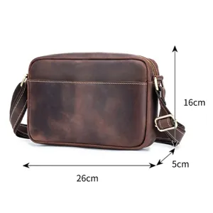 Men's vintage crazy horse leather shoulder bag casual cowhide crossbody messenger bag.