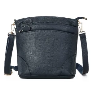 Genuine leather shoulder bag for women, multi-pocket crossbody bucket bag, dark blue daily purse.