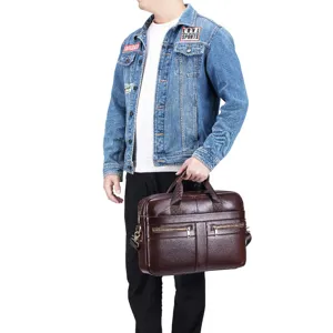Genuine leather men business briefcase brown laptop shoulder messenger bag detail view