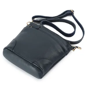 Dark blue leather shoulder bag with adjustable strap, casual style, daily crossbody use.