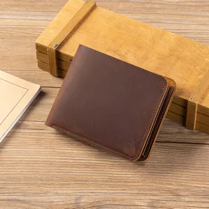 Vintage genuine leather men wallet short bifold brown crazy horse leather card holder purse