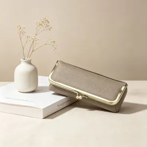 Genuine leather portable glasses case sunglasses storage pouch kiss-lock cosmetic bag design