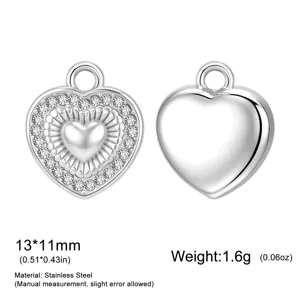 Colgante de corazón de acero inoxidable 13x11mm, 1.6g, abalorio de pedrería para joyería DIY.