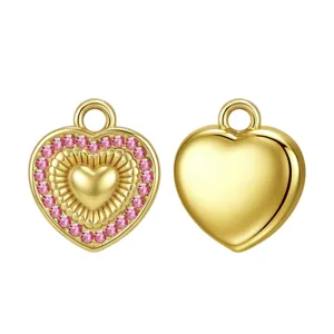 Colgante de corazon dorado con pedreria rosa acero inoxidable abalorio DIY dos caras