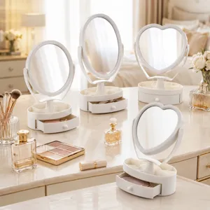 Espejo de Maquillaje de Mesa Con Cajón de Almacenamiento Compartimentos Espejo Giratorio HD de Vidrio de Aluminio para Dormitorio de Estudiantes Casa