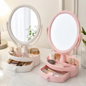 Espejo de maquillaje de escritorio con caja de almacenamiento, espejo giratorio con cajón organizador.