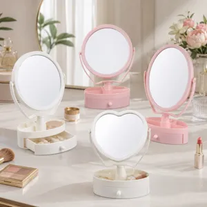 Espejo de Maquillaje de Escritorio con Cajón Espejo Cosmético Giratorio para Dormitorio