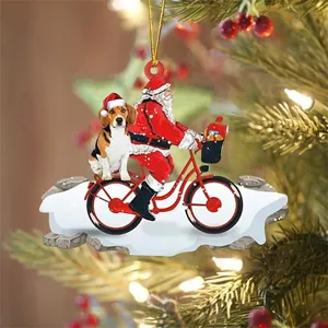 Pendentif Ornement Suspendu Sapin De Noël Père Noël Et Chien À Vélo En Acrylique Plat Fête De Vacances Décoration De Maison Cadeau