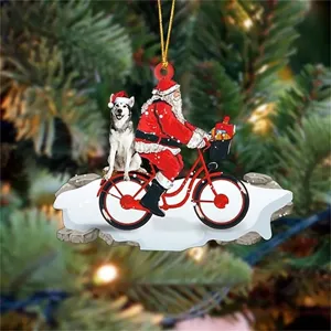 2D Acrylique Dessin Animé Père Noël et Chien Vélo Suspendu Décoration Arbre de Noël