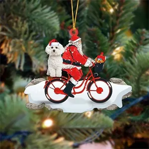 Décoration de sapin de Noël en acrylique 2D Père Noël à vélo avec adorable chien chiot