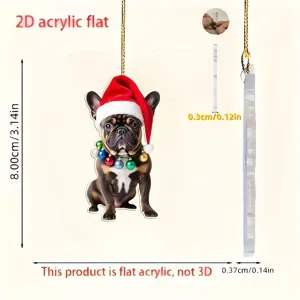 Detailed view of the 2D flat acrylic French bulldog Christmas tree hanging ornament with size specs.