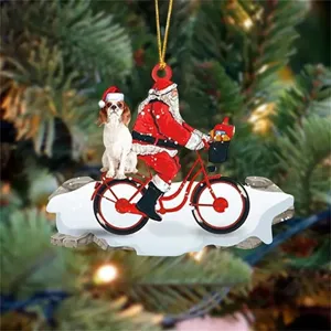 Décoration de Noël en acrylique, Père Noël et chiot à vélo suspension de sapin.