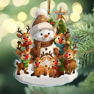 Personalized acrylic Christmas tree ornament with cute snowman and reindeers 2025 design