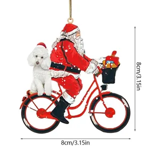 Vue détaillée de l'ornement de suspension de vélo de père Noël en acrylique plat.