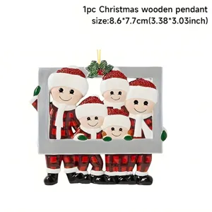 Close-up detail of the Christmas family wooden pendant showing cute 5-person holiday figures.