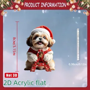 Detail shot of a 2D acrylic Christmas dog ornament, showing size and flat design clearly.