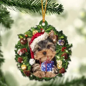 Christmas acrylic flat wreath hanging ornament featuring a cute puppy design for holiday decor.