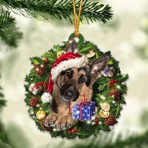 Detailed close-up of the German Shepherd Christmas wreath ornament with holiday design.