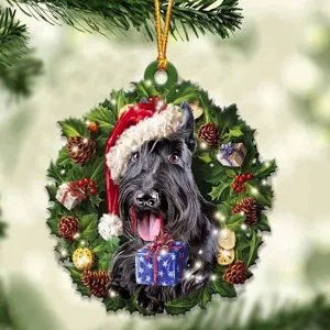 Detailed close-up of Christmas Scottish terrier dog acrylic wreath hanging ornament decor.