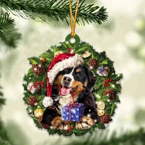 Detailed view of Christmas acrylic flat wreath pendant with cute Bernese dog design for home decor.