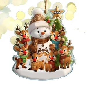 Personalized acrylic Christmas flat ornament with cute snowman and reindeer family for tree decor.
