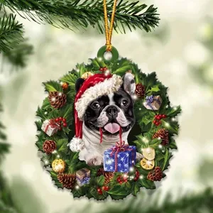 Christmas acrylic French bulldog wreath ornament, festive hanging decor for holiday home gifts.