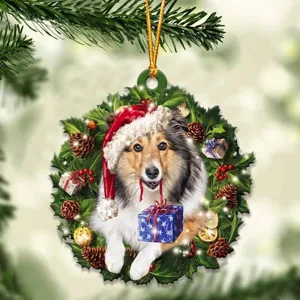 Christmas acrylic wreath pendant detail, cute dog ornament for holiday home decor.