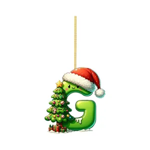 Acrylic Christmas letter G hanging ornament detail featuring festive tree and cute holiday hat.
