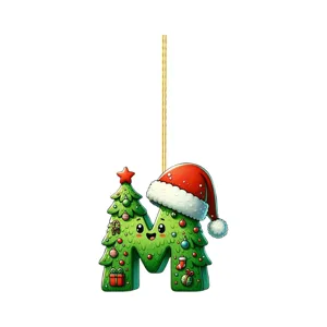 Close-up details of the cute acrylic alphabet Christmas tree hanging ornament pendant decor.