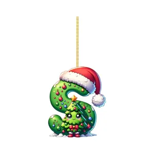 Detailed view of 2D acrylic letter S Christmas hanging ornament with cute tree and hat design.