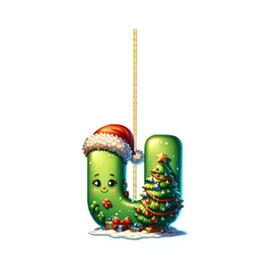 Close-up view of a festive letter U Christmas acrylic ornament with a cute holiday design.