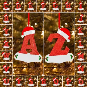 Alphabet Christmas tree ornaments letter hanging pendants with cute Santa hats for holiday party decor