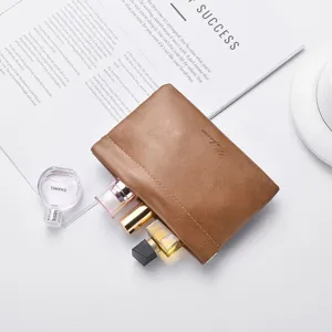 Minimalist brown PU leather mini cosmetic pouch portable makeup bag small coin purse daily use