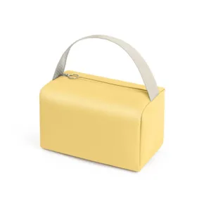 Portable yellow cosmetic bag with grey handle, spacious travel makeup storage and toiletries pouch.