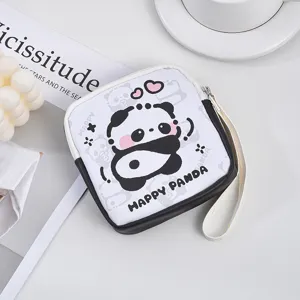 Cute cartoon panda print square coin purse portable zipper wrist strap makeup storage pouch bag