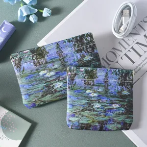 Monet oil painting style squeeze pouch coin purse detail view, compact portable cosmetic bag.