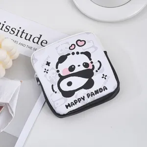 Cute cartoon panda pattern zipper storage bag detail shot, portable coin purse and cosmetic pouch.