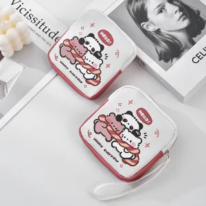 Cute cartoon print portable mini storage pouch detail shot, compact square zipper makeup bag.