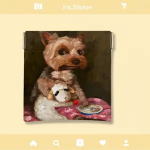 Mini squeeze top coin purse storage bag with cute oil painting dog print for daily small items use.